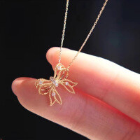 wholesale S925 Sterling Silver Red Elk All-Over Butterfly Bow Necklace for Women, Light Luxury Hollow Butterfly Collarbone Chain with Diamond Inlay, Elegant-BX0412-Gold 925 Silver
