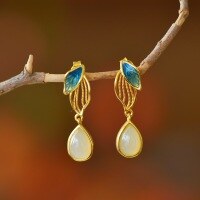 wholesale S925 silver inlaid with Hetian jade gold branch and leaf drop earrings, novel and unique, in a trendy Chinese style-Hetian Jade Earrings 925 Silver