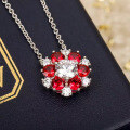 wholesale S925 Silver Red and Green Gemstone Sunflower One-Carat Diamond Necklace, Luxe Floral Pendant-0-1