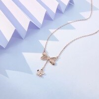 wholesale 925 Sterling Silver Bow with Petal Pendant Necklace, Women's Minimalist Design, High-End Versatile Elegant Collarbone Chain Jewelry-TL012459-Rose Gold 925 Silver