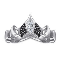 wholesale S925 Sterling Silver European and American Cross-Border Crown Black Nano Zirconia Ring for Women, Unique and Exaggerated Design, Small and Niche, Pure Silver-Platinum US size 5#
