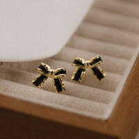 wholesale S925 silver black gold-edged bow ear studs cute girl commuting sweet ear accessories M02385-S925 silver pair silver 0.9CM model 925 silver