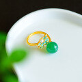 wholesale 925 Sterling Silver Gold-Plated Green Chrysoprase Ring with Cold Enamel Floral Palace-Style Openable Adjustable Women's Ring-0-2