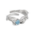 wholesale S925 Sterling Silver 847 Original Niche Design New Chinese Style Irregular Crease Texture Aquamarine Open Adjustable Ring for Women-0-4
