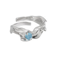 wholesale S925 Sterling Silver 847 Original Niche Design New Chinese Style Irregular Crease Texture Aquamarine Open Adjustable Ring for Women-Platinum [No. 14/Adjustable] Opening adjustable
