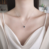 wholesale S925 Sterling Silver Korean Style Minimalist Black Onyx Heart Pendant Snake Chain InsWind Collarbone Necklace for Women-595LH/approx. 3.3g 925 silver