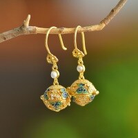 wholesale 925 Sterling Silver with Certificate Enamel Blue New Chinese Palace Style Earrings, Hollow Cold Enamel Sachet and Hetian Jade Bead Earrings-Gold 925 silver