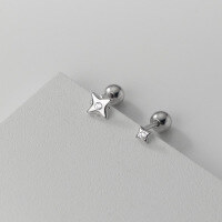 wholesale 925 Sterling Silver Asymmetric Four-Pointed Star Stud Earrings with Diamond Inlay, Minimalist Niche Geometric Star Screw-On Earrings M0239-S925 silver pair silver 925 silver
