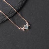 wholesale 925 Sterling Silver Plated with 18k Gold, Unique Small Square Gemstone Pendant with Natural Moss Agate Necklace-Natural water grass agate necklace