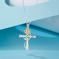 S925 Silver Cross Pendant with Pink Diamond and Sapphire Wholesale-【Floral Cross】August Olive Green (Sunflower) Copper  925 Silver
