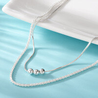 wholesale Metal material new double-layer snake bone three-bead necklace niche design three-life three-world bead sterling silver star bracelet forest-style collarbone chain-xb233--three-bead double-layer necklace