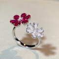 wholesale S925 silver adjustable opening ring for women with red "Forget-Me-Not" floral gemstone, simple and fade-resistant-0-2