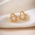 wholesale Metal French Irregular Oval Pearl Earrings, Simple and Luxurious Advanced Earrings-0-1
