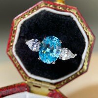 S925 Sterling Silver Ring with Aquamarine and Ruby Oval-Cut Halo Setting Wholesale-Sky Blue - CBJZ517  No. 6