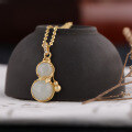 wholesale Antique gold-plated pure silver with certified S925 Hetian jade inlaid gourd pendant collarbone necklace, antique style jade pendant-0-1