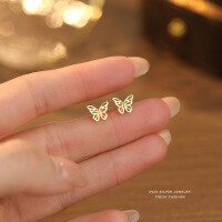 wholesale 18k Gold Plated S925 Sterling Silver Light Luxury Hollow Butterfly Earrings For Women, Fashionable And Elegant, Versatile Plain Silver Earrings-E5660_18K yellow plated 925 silver