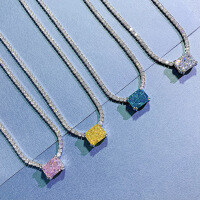wholesale 925 Silver Pink Diamond White Diamond Yellow Diamond Rectangle 8*10 High Carbon Diamond Necklace European and American Ins Style Cross-Border Best Seller-N182 White Diamond &gt; 925 Silver