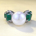 wholesale S925 Sterling Silver 12mm Mother-of-Pearl with Simulated Emerald Cabochon Engagement Ring for Women,-0-0