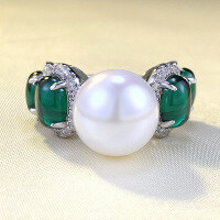 wholesale S925 Sterling Silver 12mm Mother-of-Pearl with Simulated Emerald Cabochon Engagement Ring for Women,-R734 Pearl Ring Size 9