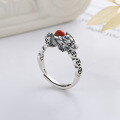 wholesale S925 Sterling Silver Antique Matte Finish Pi Coin and Southern Red Agate Ring, Literary Chinese Style-0-1