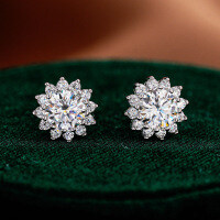 S925 Silver Earrings for Women, Round Stud Earrings with Moissanite Sunflower Design.-50 points (empty)  925 silver