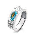 wholesale S925 pure silver matte wide-face mantra resin blue lotus ring ethnic Chinese-style index finger ring-0-4
