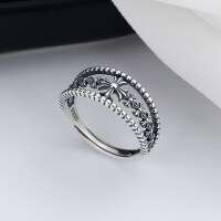 wholesale S925 Sterling Silver Creative Vintage Cross Flower Ring Retro Eternal Heart European and American Trend Unisex Index Finger Ring-B166J/approx. 2.23g Adjustable opening