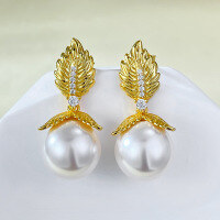 wholesale Golden Leaf French Retro Pearl Earrings 12mm, Elegant and Fashionable Must-Have Item, Bestseller-E505 Gold Leaf Pearl Earrings 925 Silver