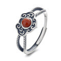 wholesale S925 Sterling Silver Retro Ethnic Style Chinese Classical Personalized Ruyi Openwork Southern Red Agate Matte Ring-0-5