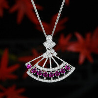 wholesale Metal: 925 Sterling Silver Spey New 33mm Muzo Green Lab-Grown Emerald Fan Pendant, Versatile 60cm Adjustable-Cultivated Ruby【N3198】 Chain with buckle, 60cm long, adjustable