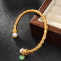 wholesale 925 Silver Plated with 24K Gold New Pearl Hollow Buckle Bracelet, Ancient Method Inherited Carved Open-End Bangle, Long-Lasting Color-0-2