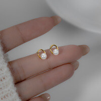 wholesale S925 Sterling Silver Minimalist Synthetic Pearl Round Stud Earrings Exquisite Temperament Ins Style Women's Earrings M03190-S925 silver pair gold 925 silver