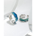 wholesale S925 Sterling Silver 1809 Niche Design Irregular Textured Luxury Blue-Green Drip Glaze Ring for Women-0-1
