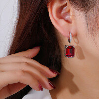wholesale S925 Sterling Silver Radiant Earrings Set with High-Carbon Diamond Zircon Ruby Ear Hooks for Women Drop Shipping Wholesale-red