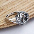 wholesale S925 Sterling Silver Year After Year Abundance Lotus Ring, Vintage Ethnic Style Antique Fish Design Adjustable Unisex Couple Band-0-1