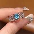 wholesale S925 Sterling Silver Vintage Lace Craft Light Sea Blue Gemstone Ring High-End Vintage Mallard Style Diamond Ring-0-1