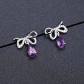 wholesale S925 Sterling Silver Vintage Sweet Elegant Bow Knot Inlaid with Natural Colored Gemstone Crystal Earrings-0-2