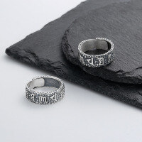 wholesale S925 Sterling Silver Retro Matte Polished Craftsmanship Textured Six-Character Mantra Heart Sutra Lucky Adjustable Ring-692FJ/polished about 5.8g Opening adjustable