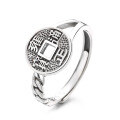 wholesale 925 Sterling Silver Chain Link Connected Tongbao Coin Design Ring, Vintage Literary National Trend Chinese Style Index Finger Ring-0-4