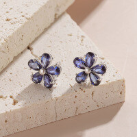 wholesale S925 Sterling Silver Five-Petal Flower Stud Earrings with Lab-Grown Royal Blue Sapphire, High-End and Stylish-Cultured Sapphire Earrings