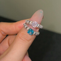 wholesale S925 Sterling Silver New Women's Ring with Blue Pink Square Ice-Cut Zirconia and Inlaid Diamonds, Thick Band, Exquisite Ultra-Sparkle Closed Ring-Platinum Pink Diamond DY121114-SW-BF>9