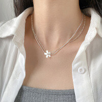 wholesale S925 Silver Fresh and Sweet Ins Style Small and Exquisite Design Delicate Double-Layer Five-Petal Flower Necklace Y02150-S925 Silver Necklace 925 Silver