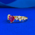 wholesale S925 Silver Gold 6*6mm Heart-shaped Pigeon Blood Red Diamond Ring for Women, Daily Wear, Cross-border Xiaohongshu-0-1