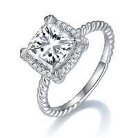 wholesale 18k White Gold Plated S925 Silver, New 8mm Full Moissanite Cushion Cut Cross-Border Women's Ring-Platinum US size 6