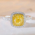 wholesale 18K gold set with natural yellow diamond ring for women, 30 points 50 points diamond ring, fashionable and versatile cushion-shaped fancy diamond ring with halo setting-0-2