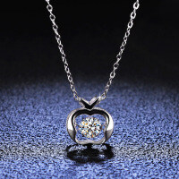 Sterling Silver Moissanite Pendant Necklace with Jumping Apple Heart-50% Zircon Chain  925 Silver