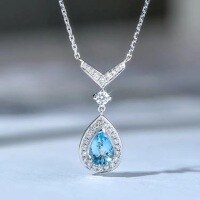 wholesale S925 Sterling Silver Blue Teardrop Aquamarine Necklace Women Summer Fresh Birthstone Collarbone Chain-Copper platinum