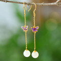 wholesale 925 silver gold-plated long elegant Hanfu enamel butterfly earrings with certificate and Hetian jade ear pendants-0-0