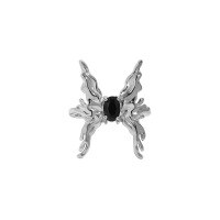 wholesale S925 Sterling Silver Korean Version Ins Small and Unique Design Butterfly Inlaid Zircon Textured Open Ring for Women-White gold [black zircon] &gt; opening adjustable