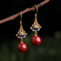 wholesale Silver-gilt, Enamel Cloisonné, Imperial Cinnabar Bead Earrings with Lotus Motif in Neo-Chinese Palace Retro Style-0-5
